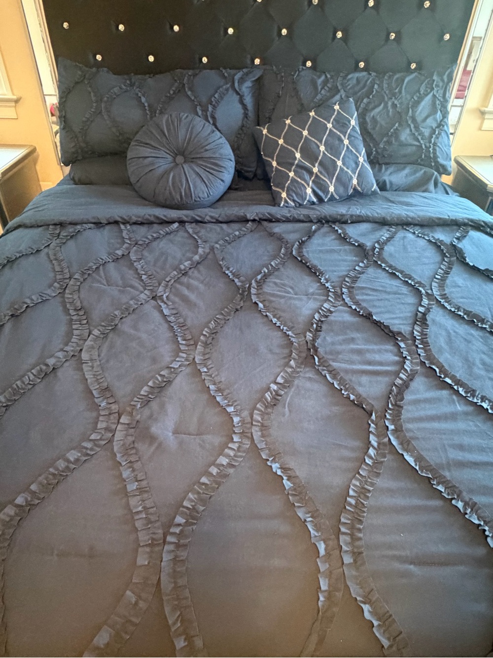 Navy Blue Ruffle Comforter Bedding Set with Decorative Pillows